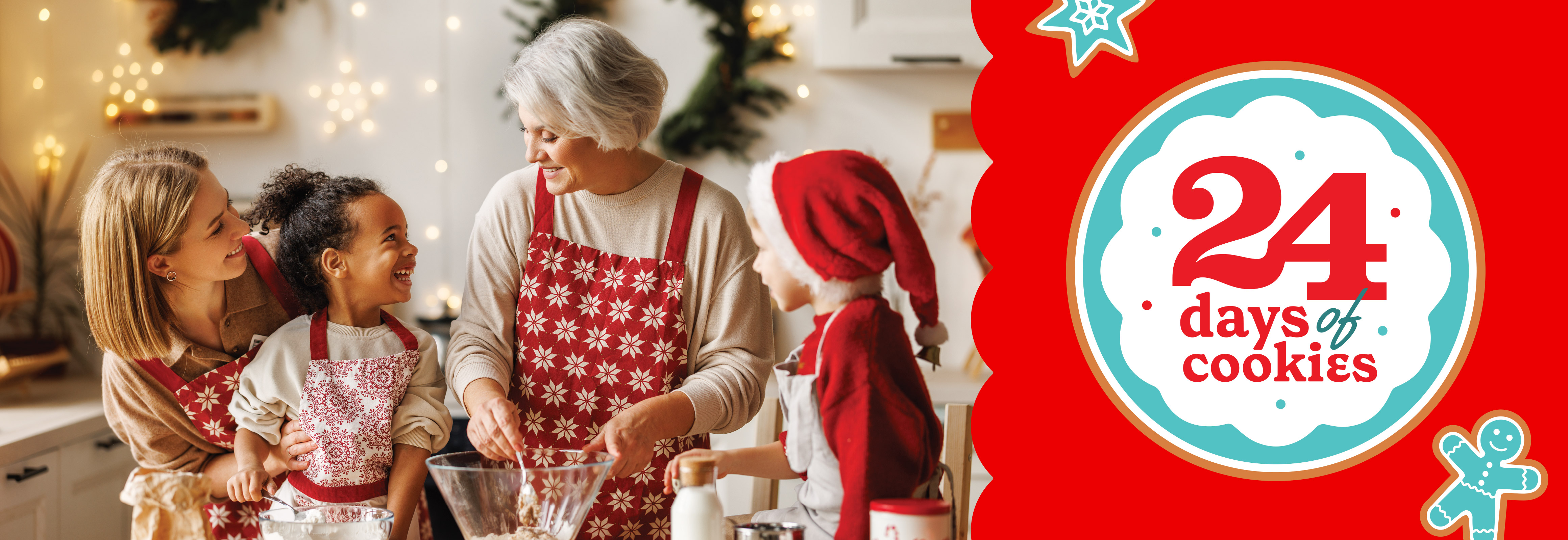 Grandma, mom and kids dressed in red and white, in a kitchen mixing cookies - 24 days of cookies