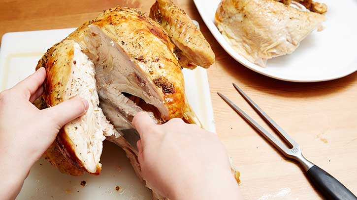 slicing the breast meat from the body of the cooked turkey