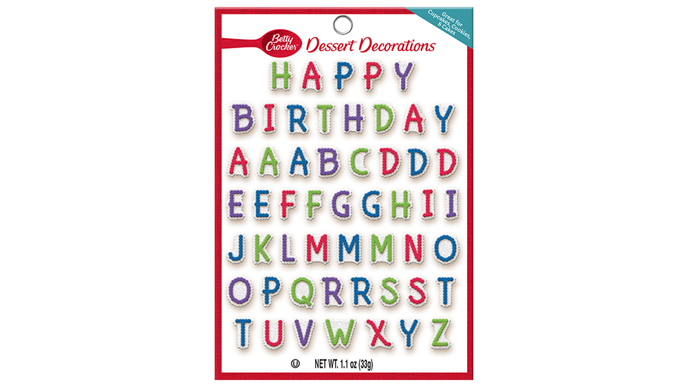 Betty Crockers™ Alphabet Assortment - Primary Happy Birthday/Alphabet Candy Card Decoration - Front