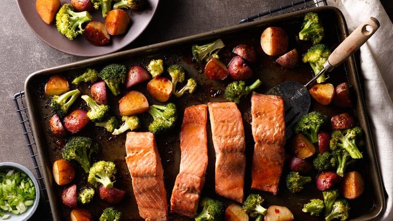 Asian Salmon with Potatoes and Broccoli Sheet Pan Dinner