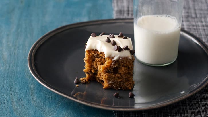 Chocolate Chip Gingerbread Cake on plate with milk