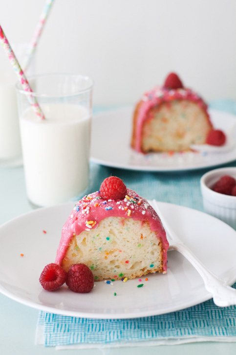 Rainbow Chip Bundt Cake with Raspberry Glaze