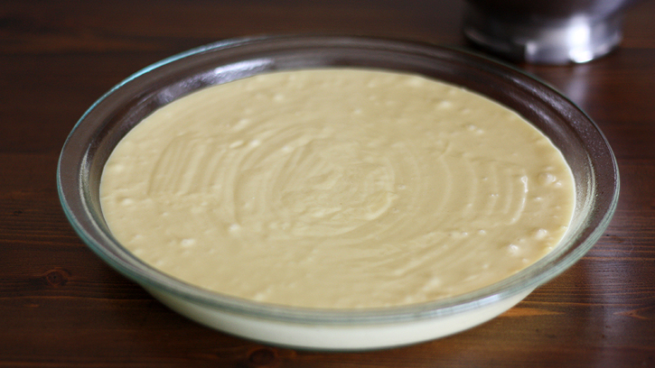 cake batter in pie plate