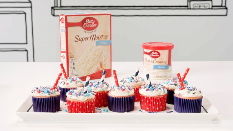 Betty Crocker's Super Moist white cake mix, betty Crocker's vanilla frosting, plate of soda pop cupcakes with sprinkles and straws on top