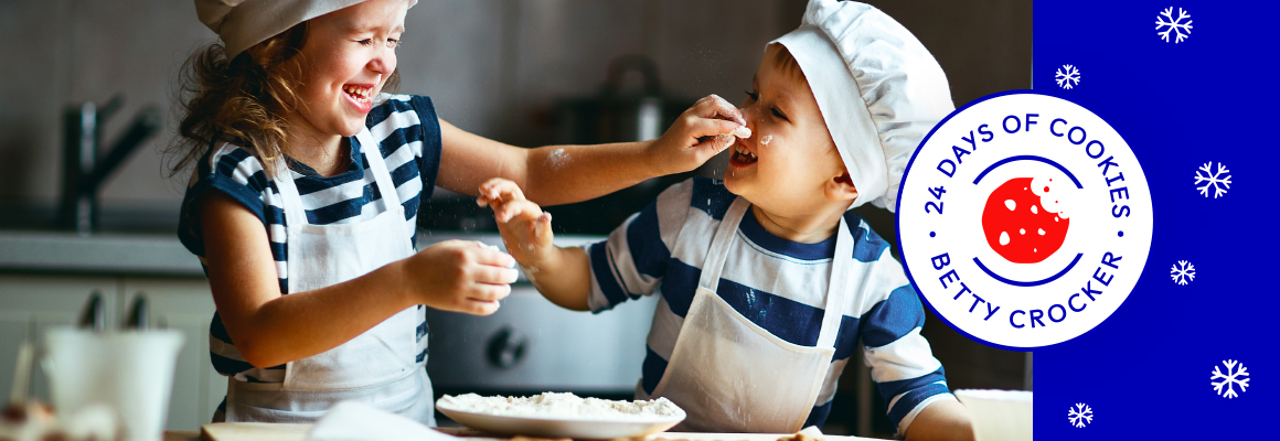 24 Days of Cookies - Betty Crocker - 2 kids in aprons, baking