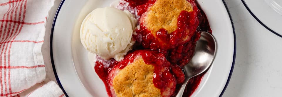Top-Down shot of berry cobbler in the a white bowl with a scoop of vanilla ice cream and a white and red plaid napkin to the left of the bowl. 	