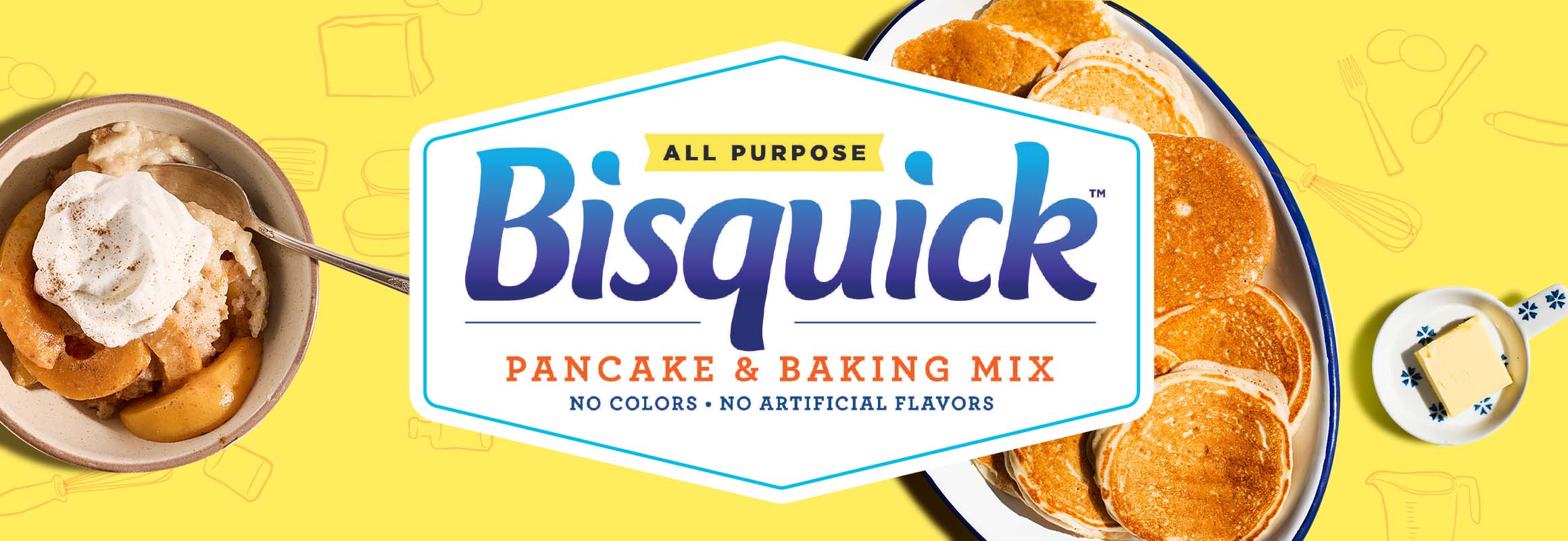 Images of pancakes, butter and cobbler sitting on a yellow background with the Bisquick logo on top