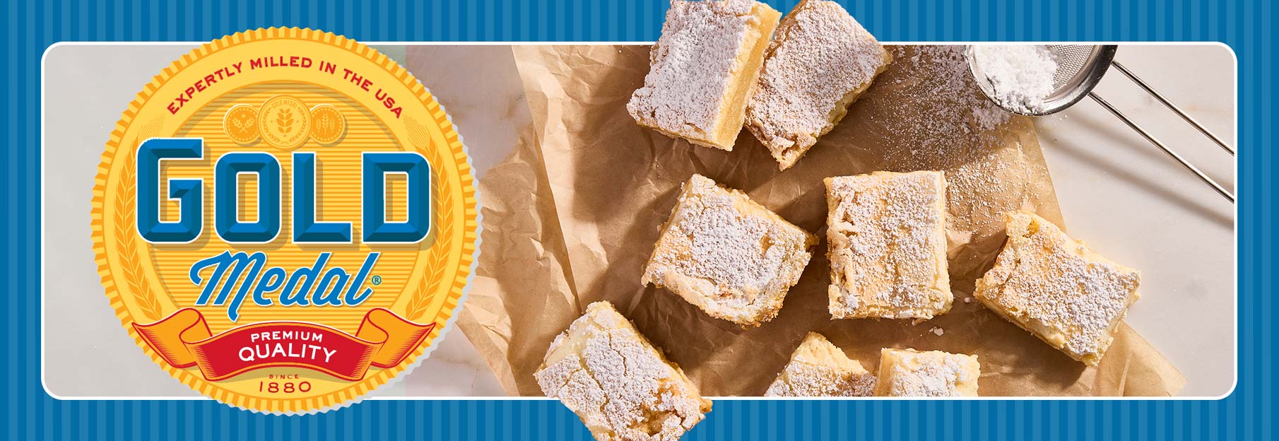 Image with gold medal emblem on the left, with several lemon bars laid out on parchment paper and flour sprinkled on top. There is a blue border over the entire photo. 