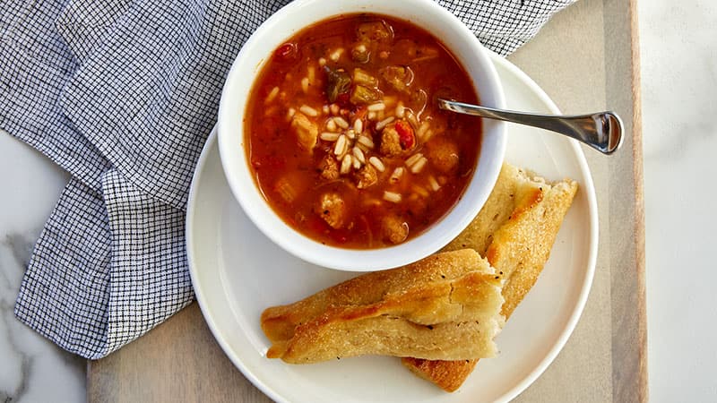 Chicken and Sausage Gumbo Soup with Po Boy-Inspired Breadstick