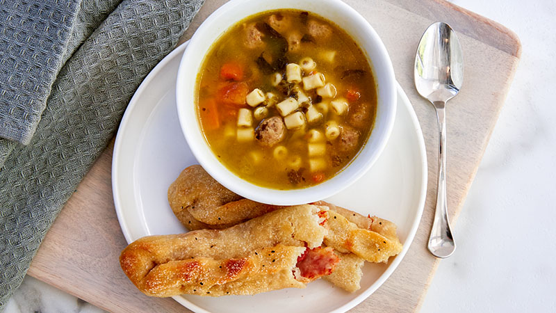 Italian-Style Wedding Soup with Pizza Breadstick