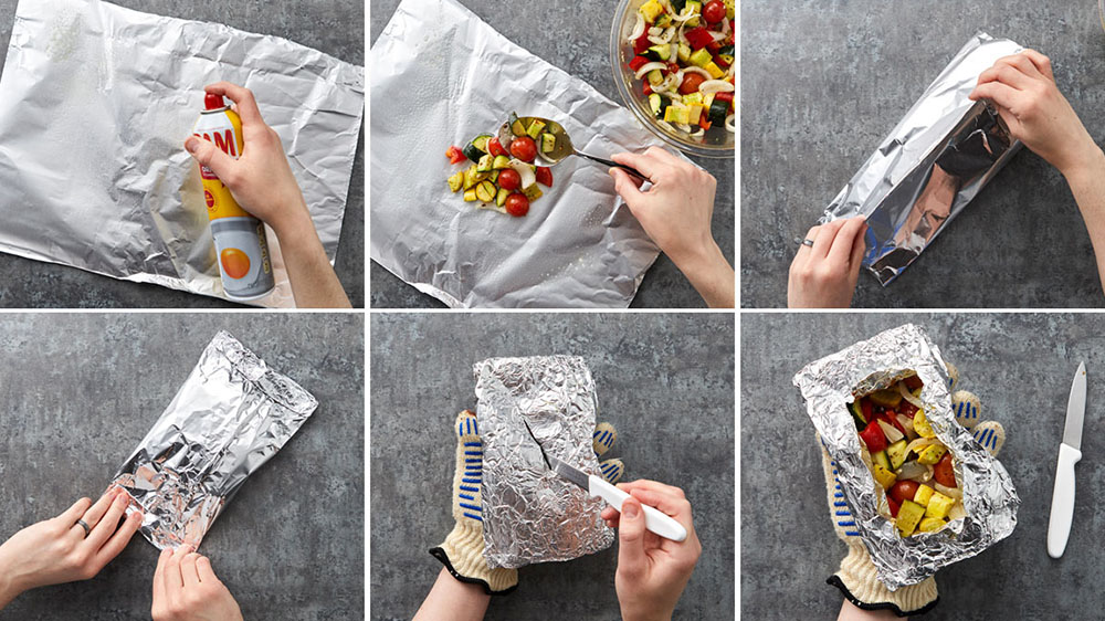 steps to folding, filling and opening a grilled foil pack
