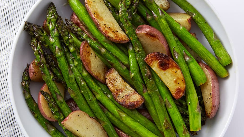 grilled potatoes and asparagus spears