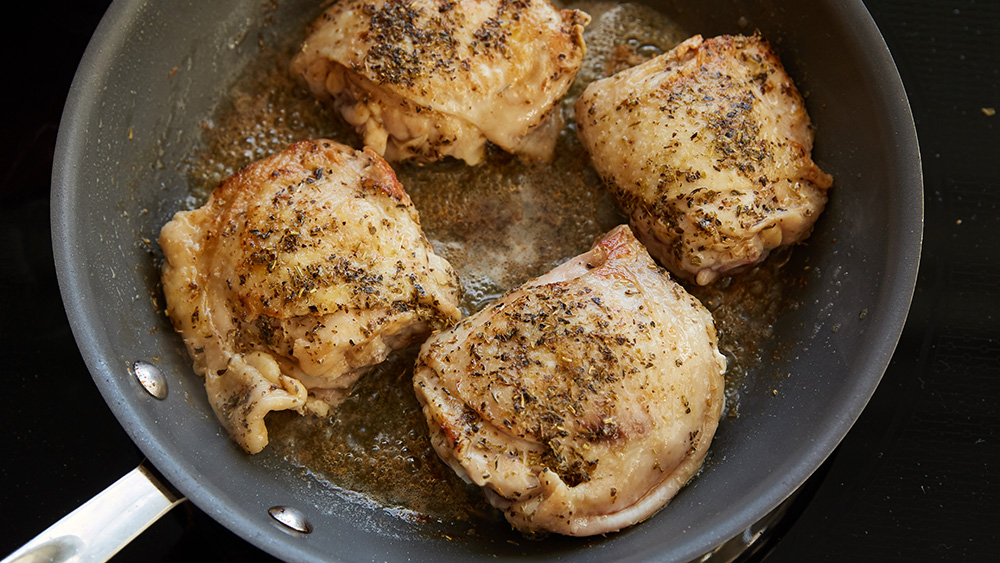 Place chicken skin side down in skillet. Cook without moving 4 to 5 minutes, until skin is golden brown and chicken releases easily from surface. 