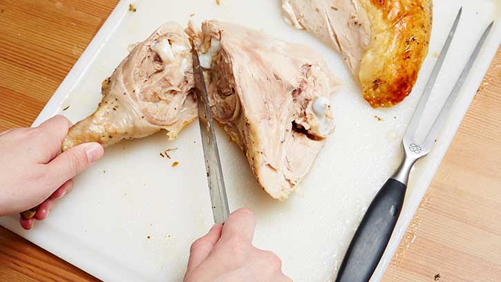 Separating the thigh from the drumstick in the turkey’s leg
