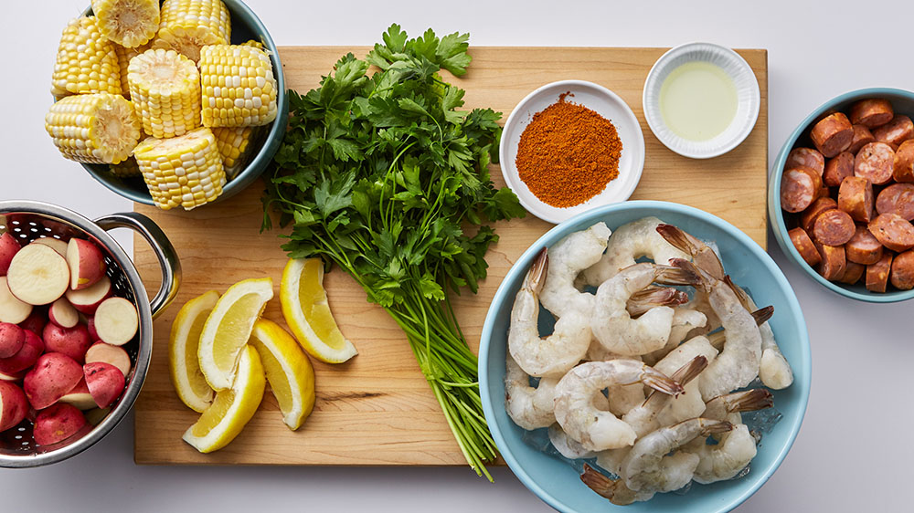 Ingredients for low-country shrimp foil-packs