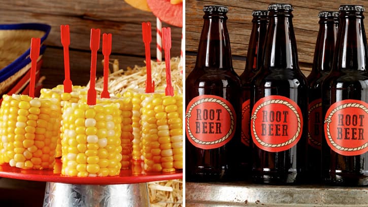 Corn on a stick and bottles of root beer