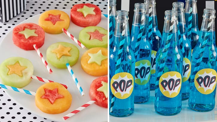 Superhero Birthday party fruit pops and bottles of pop
