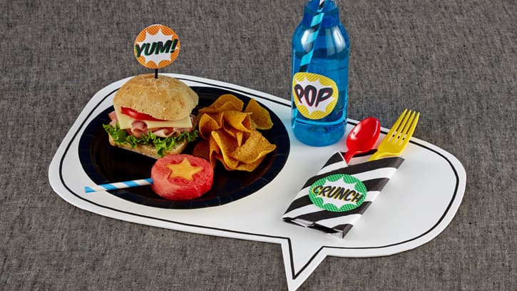 Superhero Birthday Party placemat with meal