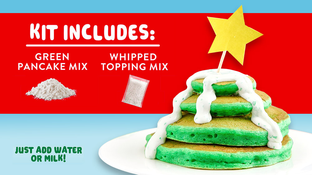 New Betty Crocker™ Santa Stackers Complete Pancake Kit - Kit includes - green pancake mix, whipped topping mix, just add water or milk.