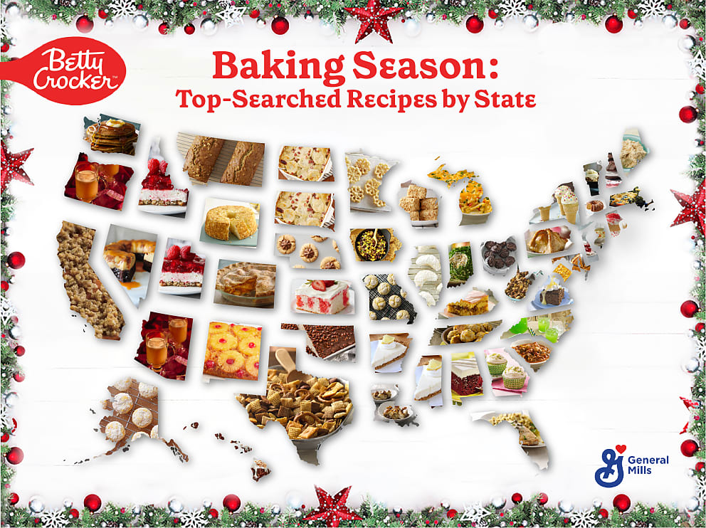 Betty Crocker Baking Season - Top Searched Recipes by State - Map of the USA with pictures of recipes on each state