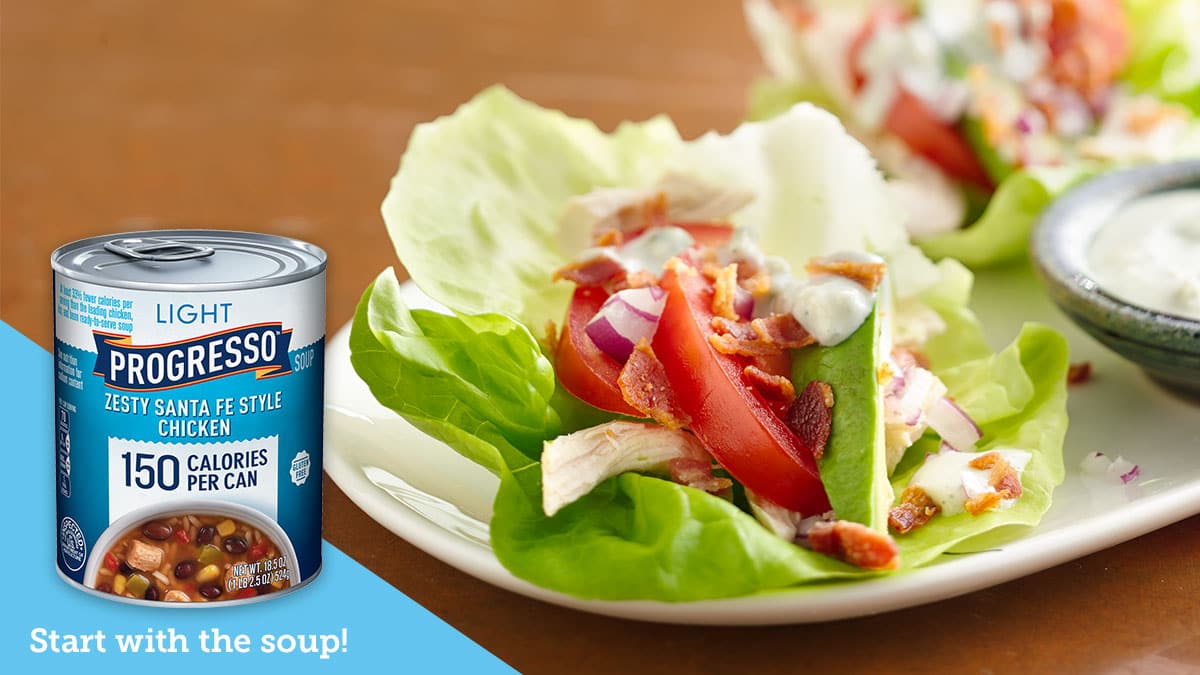 Cobb Salad Lettuce Wraps with can of Progresso Light Zesty Santa Fe Style Chicken soup