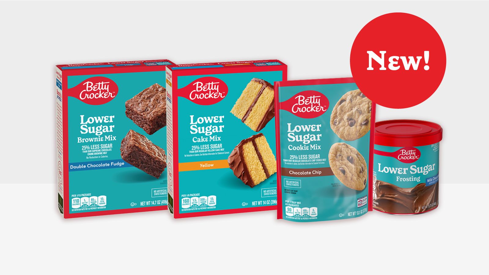 Betty Crocker™ Lower Sugar Baking Mixes and Frosting Product Packshots