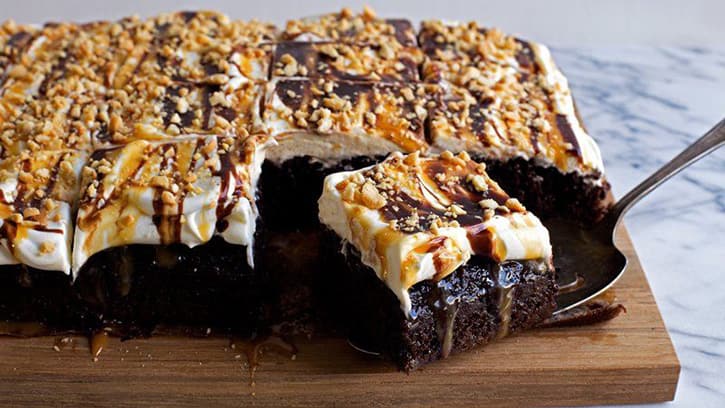 Chocolate Caramel Peanut Poke Cake