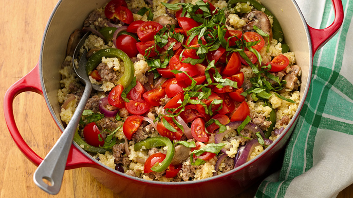 One-Pot Pizza Quinoa with Sausage, Onion and Pepper