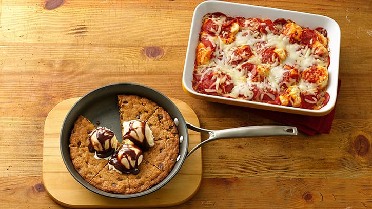 dinner and dessert: impossibly easy pizza bake and cookie skillet pizza