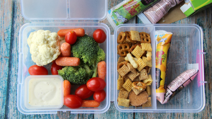 Veggies, Dip, Chex Mix and Go-Gurt Lunch Box