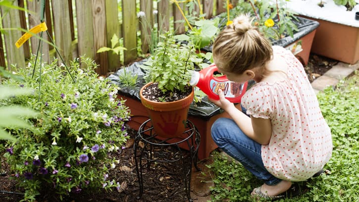 little girl watering flowers with homemade watering can