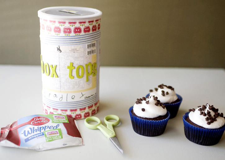 cupcakes and container to collect box tops