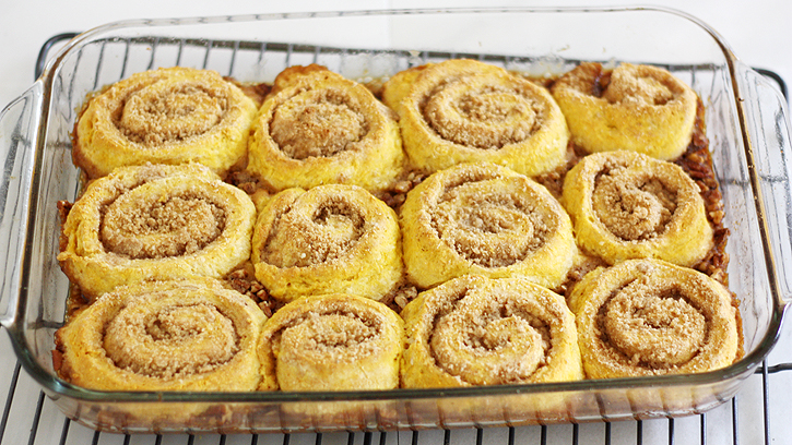 baked sticky buns in baking dish