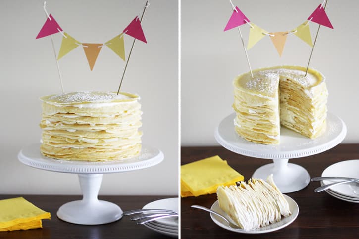 finished crepe cake on decorated table