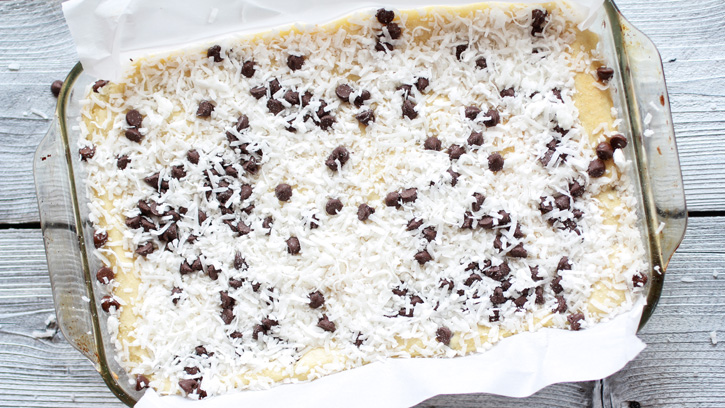 layer of shredded coconut and chocolate chips