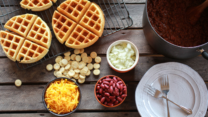 waffles and chili with toppings